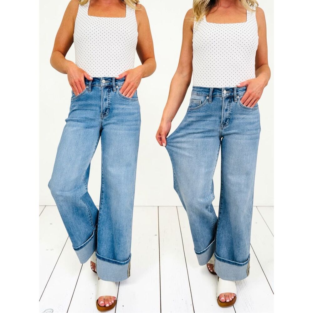 Risen High Rise Tummy Control Ankle Wide Leg Cuffed Jeans Light Medium Wash NWT - Picture 4 of 12